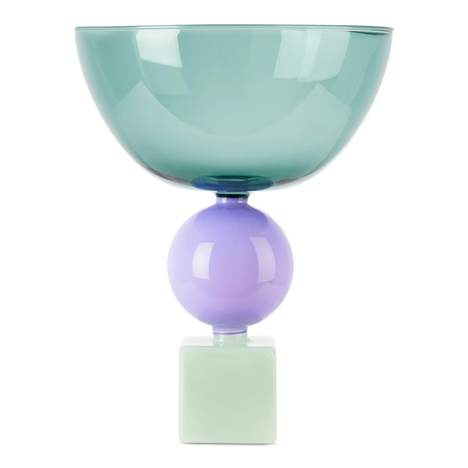 A geometric bowl in pastel teal, purple and mint green
