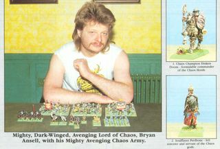 Bryan Ansell, photographed with his Chaos army for Warhammer Fantasy Battle 3rd edition