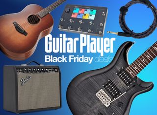 A selection of guitar gear on a blue background