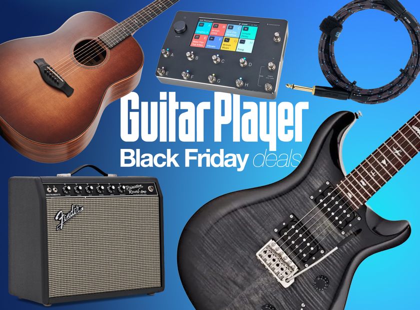 A selection of guitar gear on a blue background