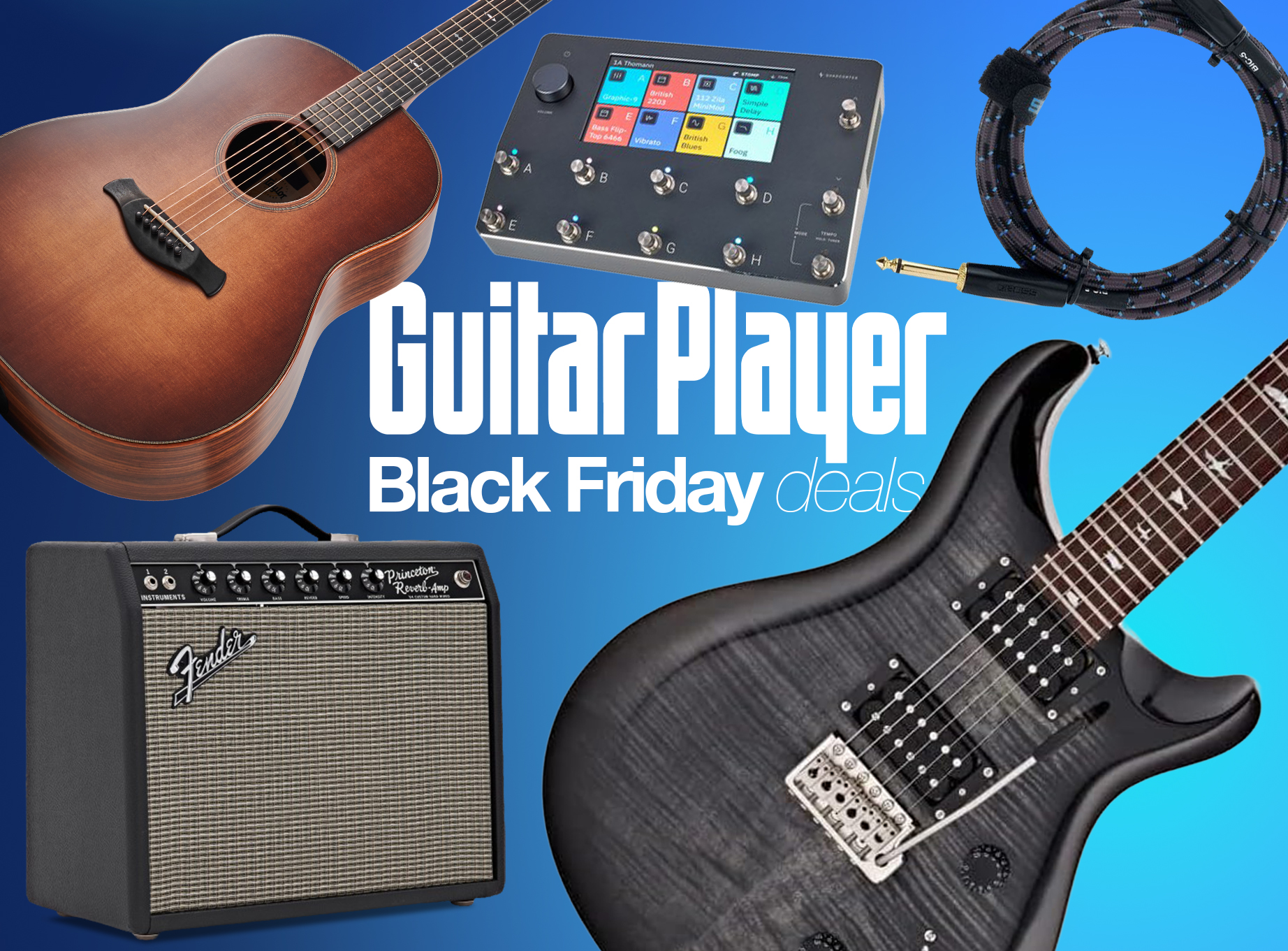 A selection of guitar gear on a blue background