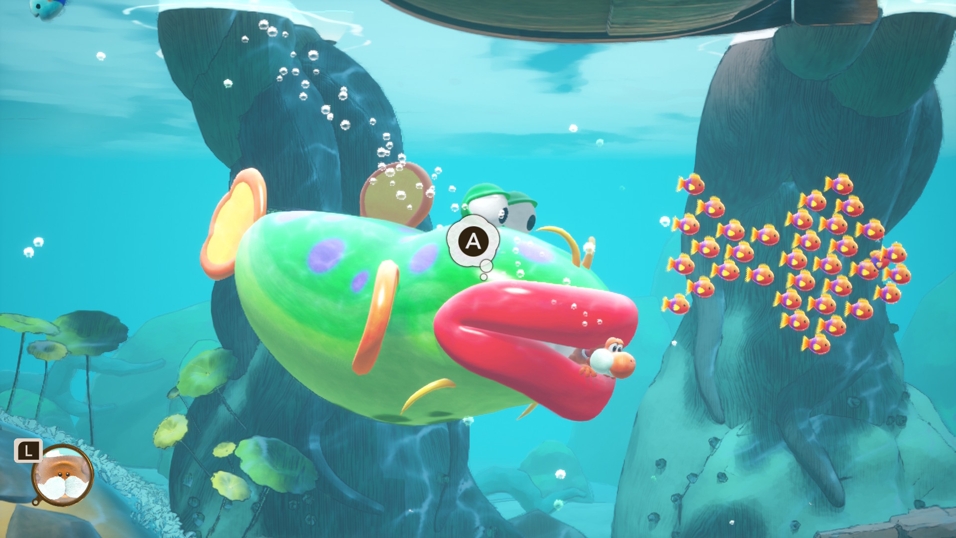 Yoshi inside the mouth of a giant fish underwater in Yoshi and the Mysterious Book