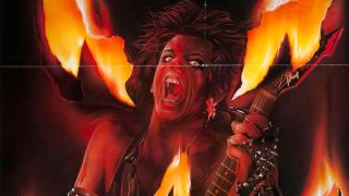A demonic figure holds a guitar in front of a fiery background