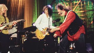 Neil Young joins Jimmy Page and Robert Plant to perform with Led Zeppelin at the Rock and Roll Hall of Fame Induction Ceremony in 1995