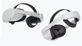 The Oculus Quest 2 outfitted with an elite strap seen from the side and behind. A cable connects the strap to the headset so that the battery can keep the headset powered on for longer.