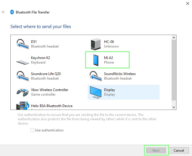 Uso compartido de archivos de Windows 10 Bluetooth