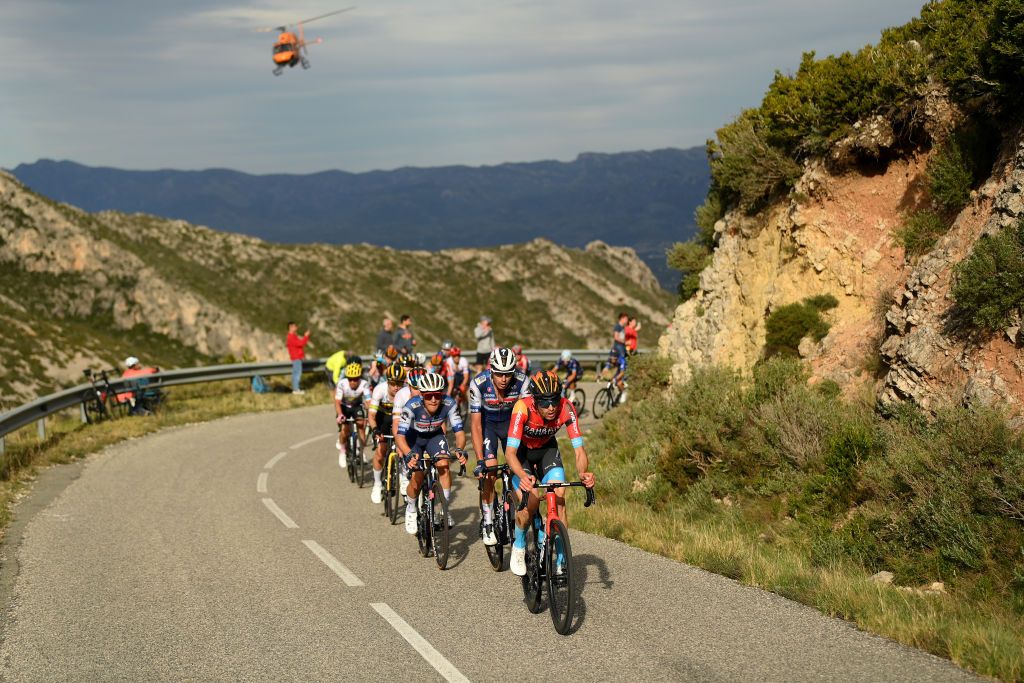 LO PORT SPAIN MARCH 24 LR Ilan Van Wilder of Belgium Jan Hirt of Czech Republic and Team Soudal QuickStep and Gino Mder of Switzerland and Team Bahrain Victorious compete during the 102nd Volta Ciclista a Catalunya 2023 Stage 5 a 1766km stage from Tortosa to Lo Port Mirador del Portell 1033m UCIWT on March 24 2023 in Lo Port Spain Photo by David RamosGetty Images
