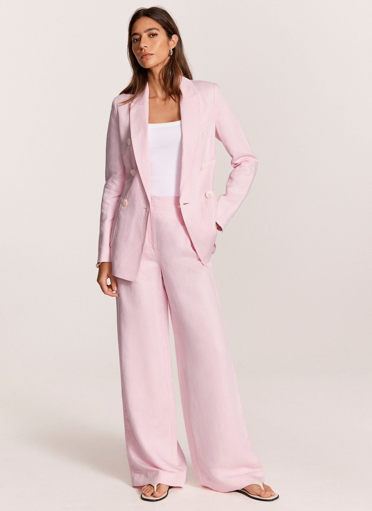 Pink Wide Leg Linen Blend Trousers