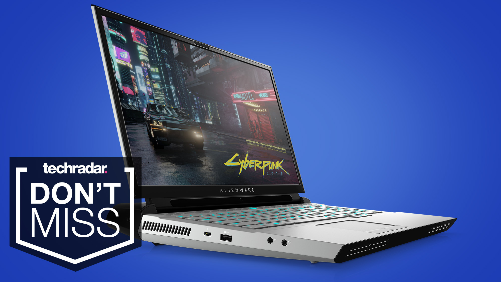 Bild von Alienware Area-51m R2 Laptop auf blauem Hintergrund mit &#039;Don&#039;t miss&#039; Text