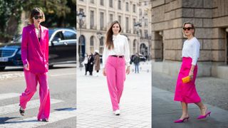 A composite of street style influencers wearing the best bottoms for barbiecore