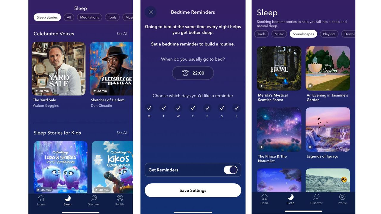 Screenshots from the Calm app, showing sleep stories, setting a smart alarm, and soundscapes