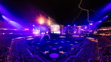 Lightning strikes during the postgame Fourth of July fireworks show after a 14-3 Atlanta Braves victory over the New York Mets at Truist Park on July 4, 2026 in Atlanta, Georgia