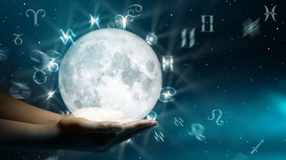 Moon Calendar 2022: Astrological Zodiac horoscope wheel. The power of the universe. - stock photo