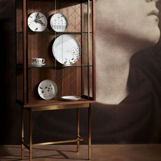 brown designed wall and brown shelve with plates cup