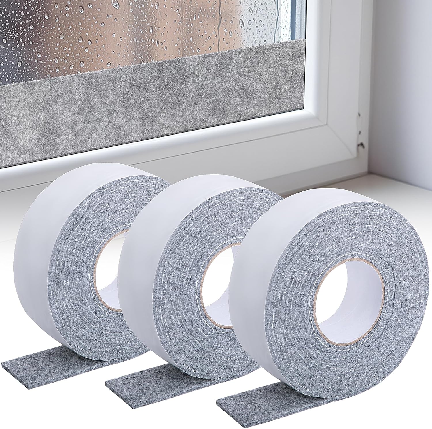 Nkiy Quen 3 Roll 16.4ft X 2inch Window Condensation Prevention Absorber, 5mm Think Condensation Water Moisture Absorber Tape, Reusable Window Condensation Absorber Strips to Prevent Condensation