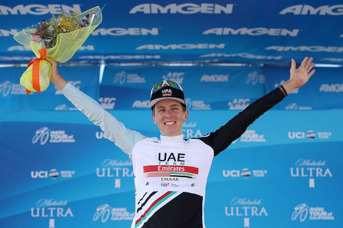 UAE Team Emirates Tadej Pogacar holds the best young rider's jersey after stage 2 of the 2019 Tour of California