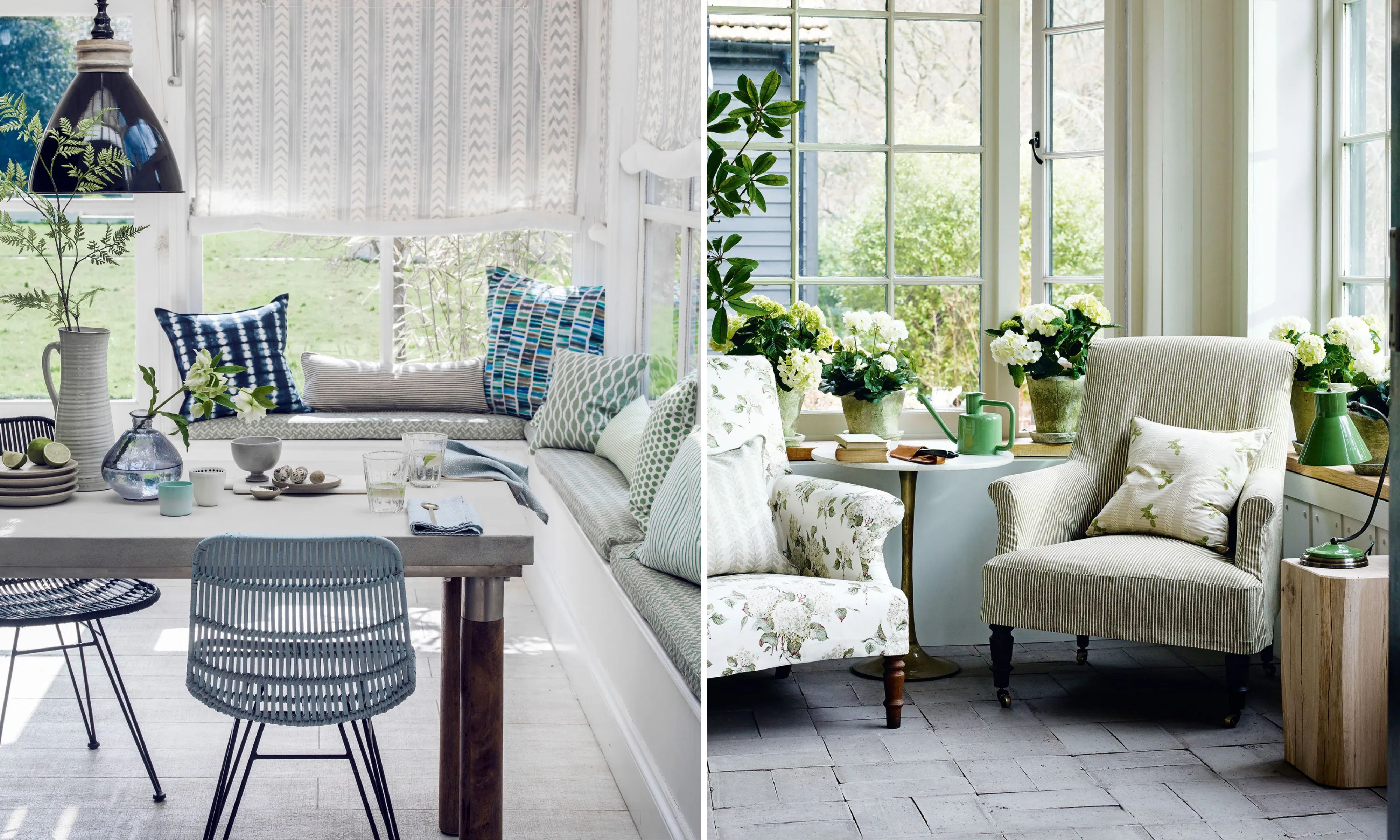 Split image: Left shows a bright dining space with a built-in bench, patterned blue pillows, and woven chairs. Right shows a sunroom with two patterned armchairs, green plants, and large windows.