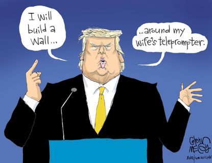 &nbsp;Political cartoon U.S. Trump wall around teleprompter