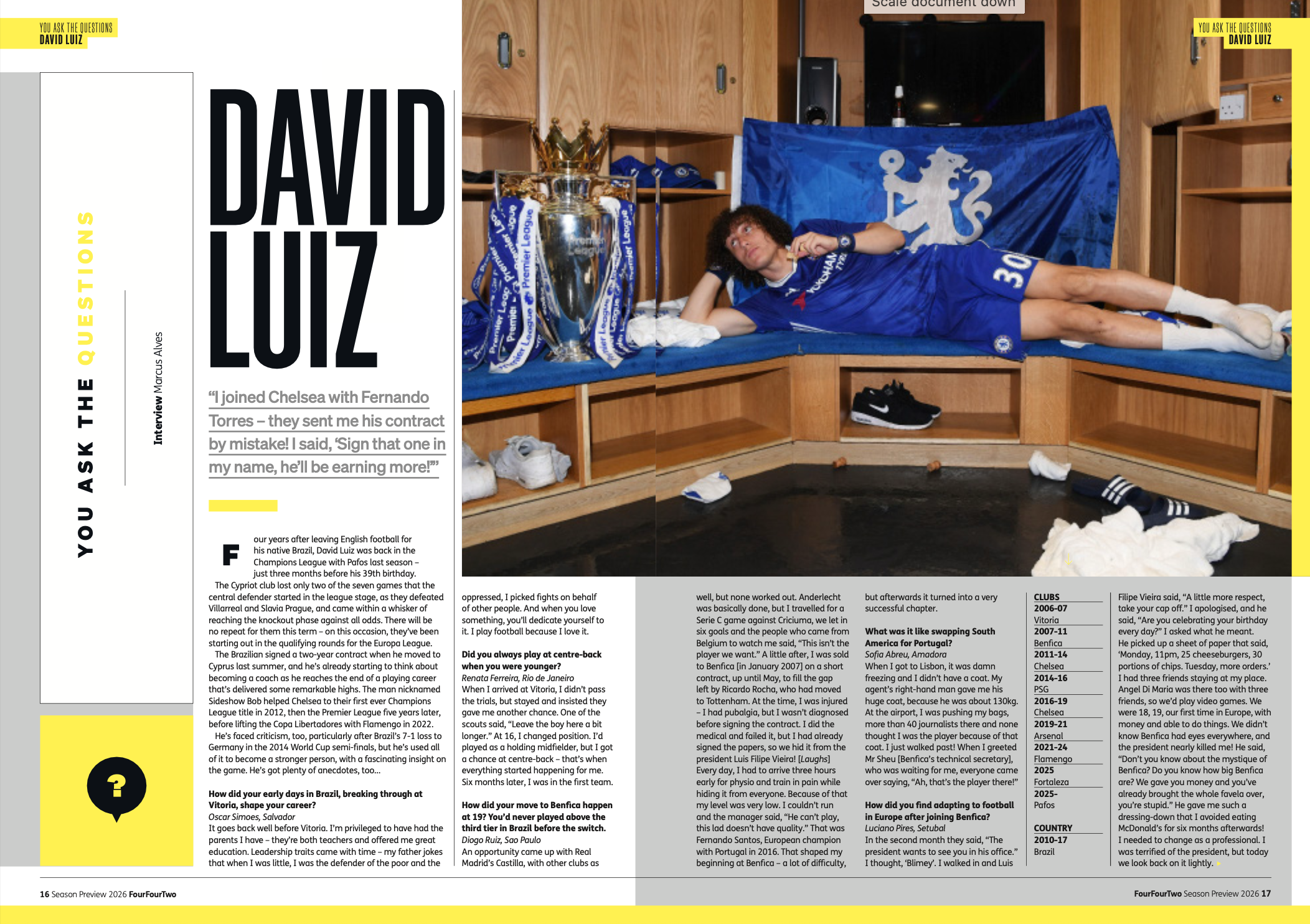 A picture of the opening spread of David Luiz's 2026 interview with FourFourTwo