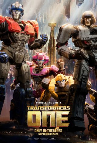 The first official movie poster for the animated movie 'Transformers One.' Four transformers are looking forward, pulling off their best battle poses with an air of confidence.