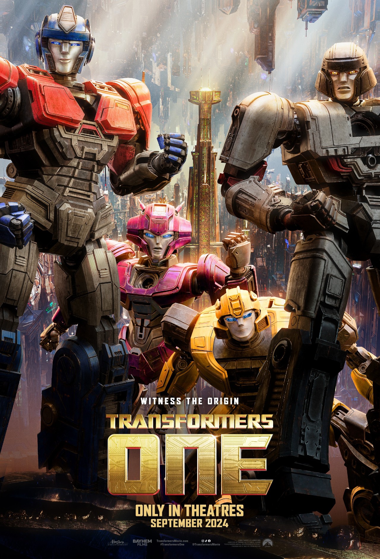 The first official movie poster for the animated movie 'Transformers One.' Four transformers are looking forward, pulling off their best battle poses with an air of confidence.