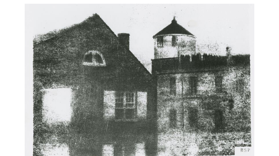 A scan of a daguerreotype of a school in Pennsylvania