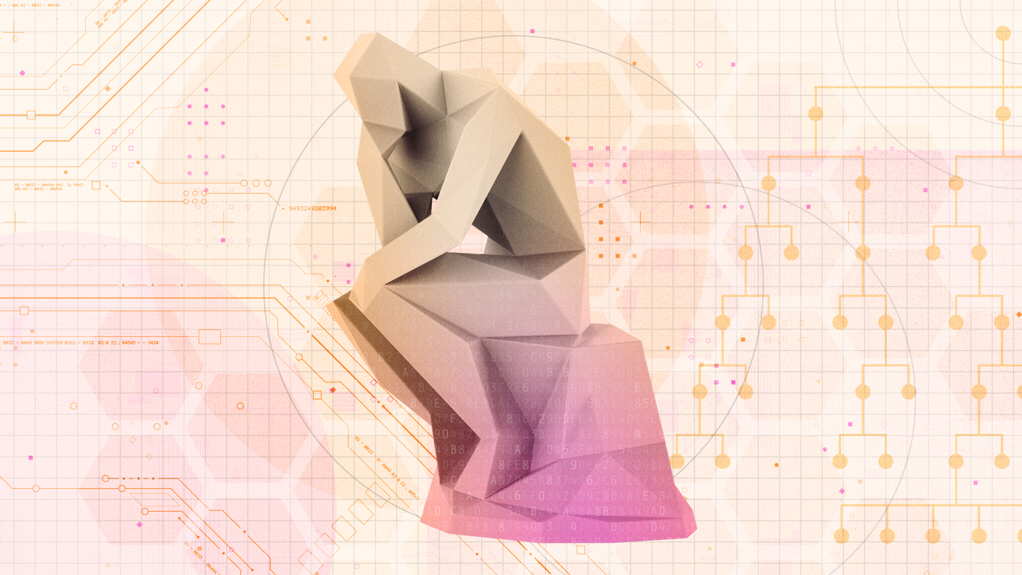 Illustration of a low-res version of Rodin's Thinker sculpture alongside computer circuitry and org charts