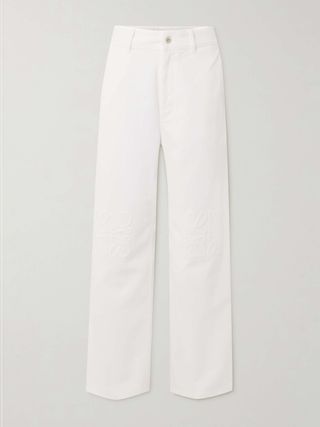 + Paula's Ibiza Leather-Trimmed Embroidered High-Rise Wide-Leg Jeans