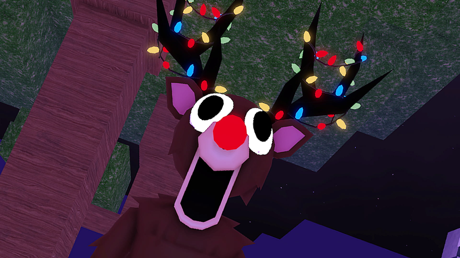 The Deer from 99 Nights in the Forest with Christmas lights caught in its horns. 