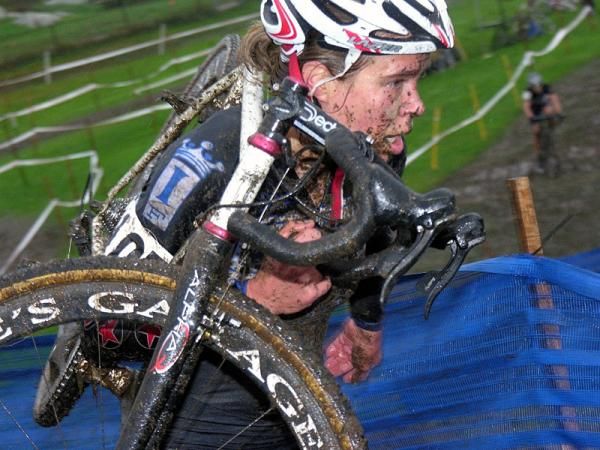 Elite woman rider Anna Milkowski with fresh face of mud.