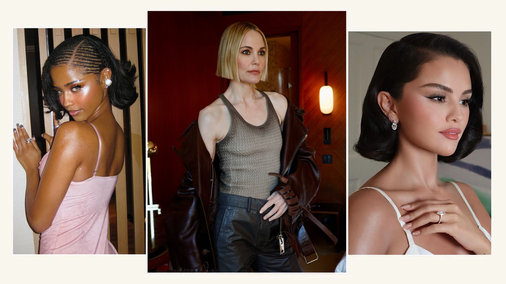 A tri-split image of Tyla, Leslie Bibb, and Selena Gomez with short, blunt bobs, each styled differently.
