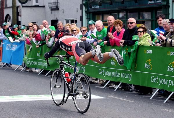 Marcel Barth (Thuringer Energie Team) crosses the finish line in an unorthadox style