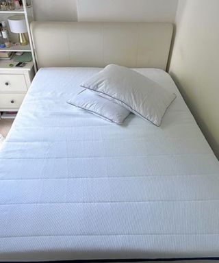 Mattress and pillows on white bedframe