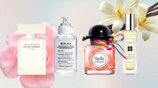 A collage of perfumes under-&pound;75 from Narciso Rodriguez, Maison Margiela, Hermes and Jo Malone London on a pink, blue, yellow and purple gradient background with stock images of a rose and vanilla pods.