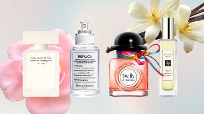 A collage of perfumes under-£75 from Narciso Rodriguez, Maison Margiela, Hermes and Jo Malone London on a pink, blue, yellow and purple gradient background with stock images of a rose and vanilla pods.