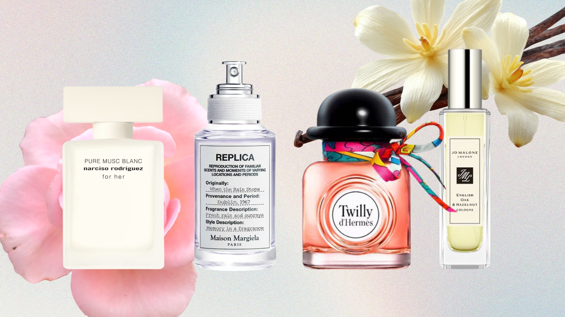 A collage of perfumes under-&pound;75 from Narciso Rodriguez, Maison Margiela, Hermes and Jo Malone London on a pink, blue, yellow and purple gradient background with stock images of a rose and vanilla pods.