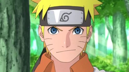 How to watch Naruto in order: A close-up of Naruto Uzumaki smirking in a forest. 