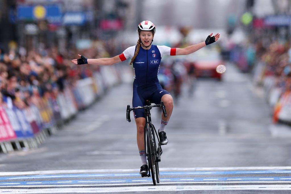 France's Julie Bego savours victory in the Junior Women's road race
