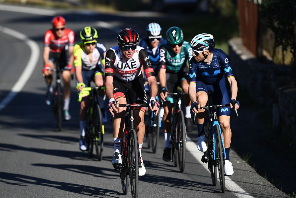 LLOSETA SPAIN JANUARY 28 LR Brandon Mcnulty of United States and UAE Team Emirates and Alejandro Valverde Belmonte of Spain and Movistar Team compete during the 31st Challenge Ciclista Mallorca 2022 Trofeo Serra De Tramuntana a 1589km race from Lloseta to Lloseta ChallengeMallorca on January 28 2022 in Lloseta Spain Photo by Tim de WaeleGetty Images