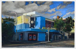 Postcard painting of blue building and clouds behind