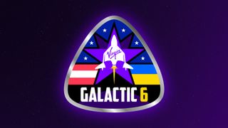 a mission patch showing a drawing of a white space plane in front of a purple five-pointed star, with the words "galactic 6" underneath them.