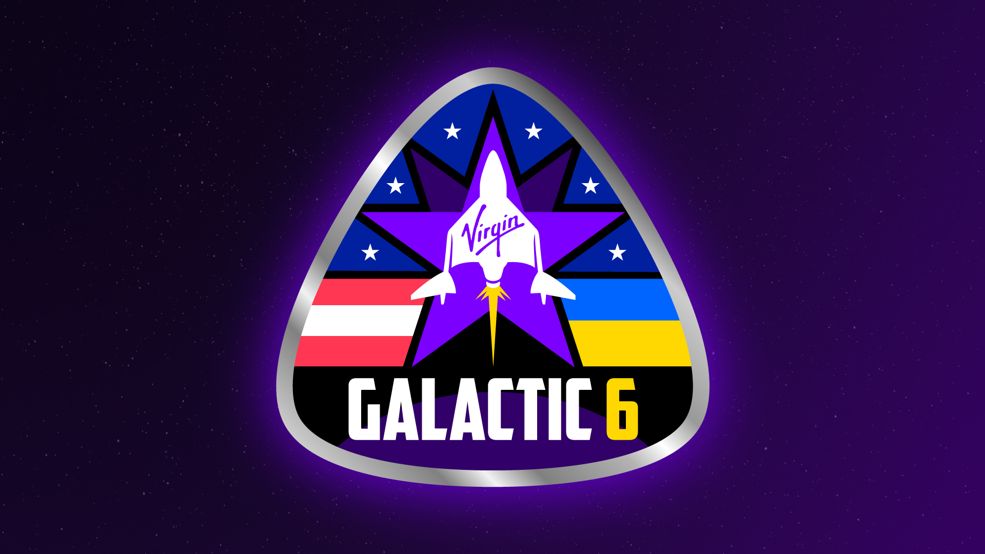 un parche de misión que muestra un dibujo de un avión espacial en blanco frente a una estrella violeta de cinco puntas, con las palabras 