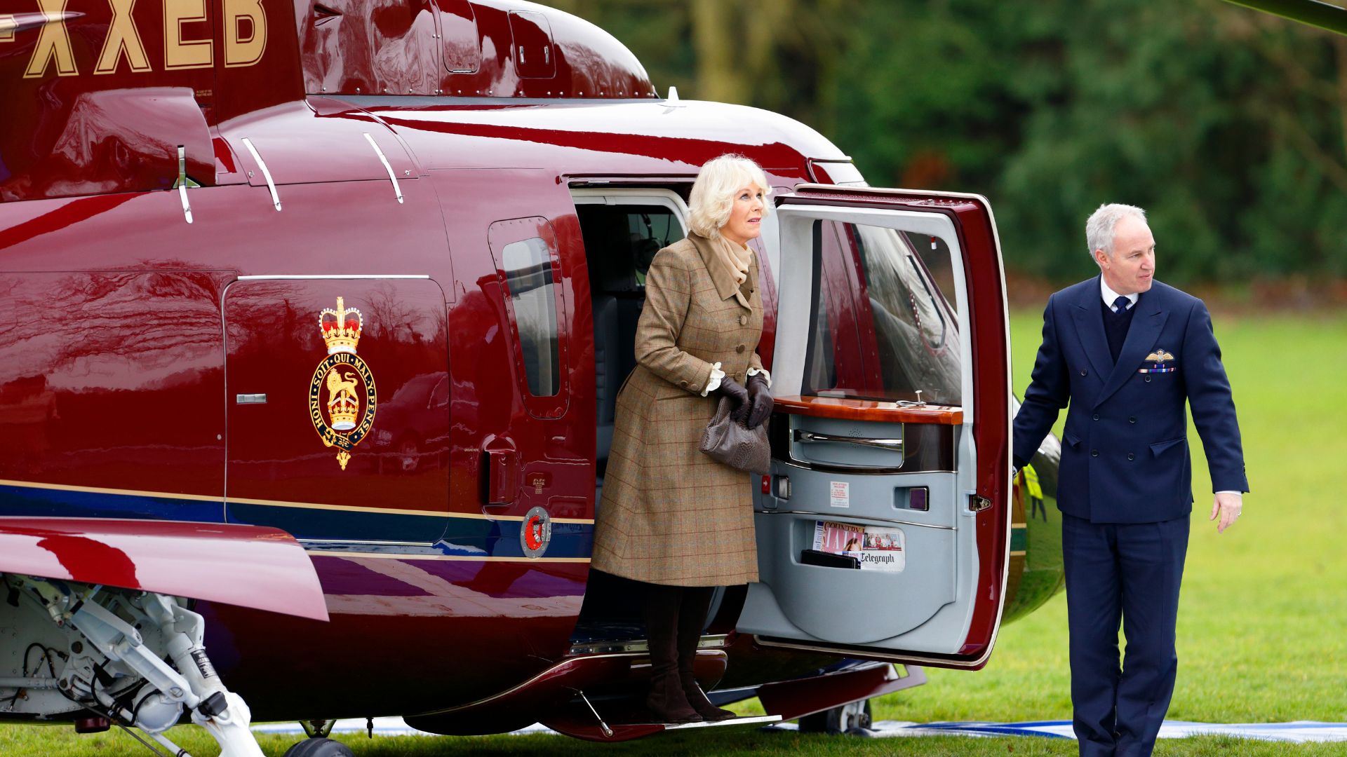 Queen Camilla steps out of her helicopter
