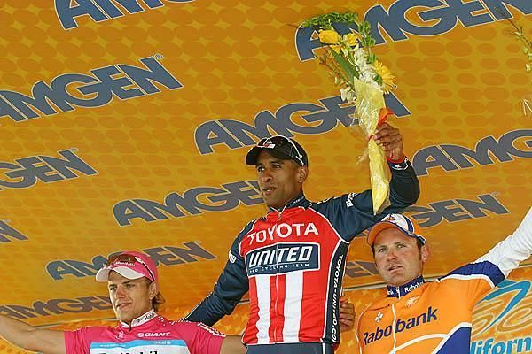 The podium for the final stage of the 2007 Amgen Tour of California (l-r): Gerald Ciolek, 3rd; Ivan Dominguez, 1st; Graeme Brown, 2nd.