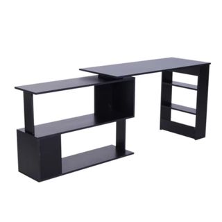 A black desk with bookshelves