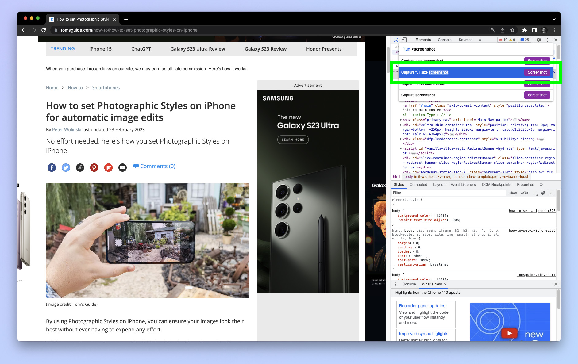 Снимок экрана, показывающий шаги, необходимые для создания скриншота всей страницы в Google Chrome.