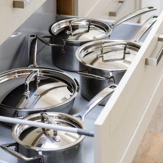 Pots and pans in sliding kitchen drawer