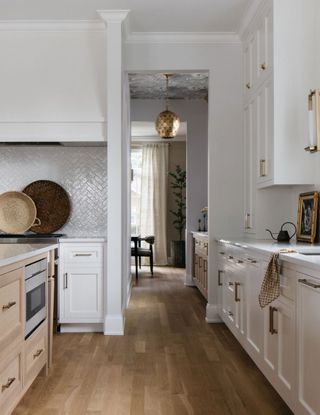 modern farmhouse style kitchen with ceiling wallpaper in butler's pantry