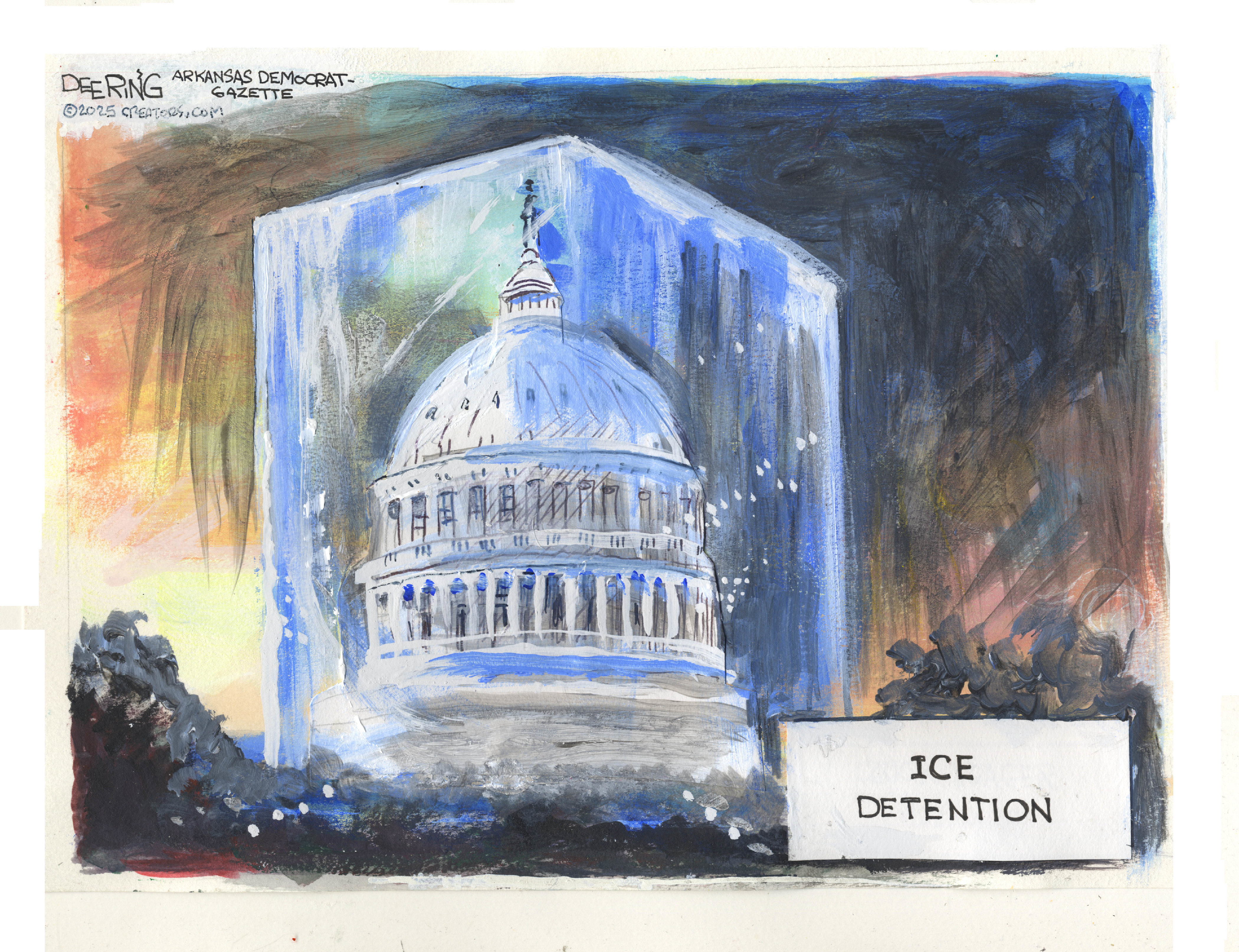 A political cartoon depicts the U.S. Capitol building encased in a large block of ice. The background features warm, fiery colors on the left, transitioning to dark, cool tones on the right. A sign in the foreground reads "ICE DETENTION."