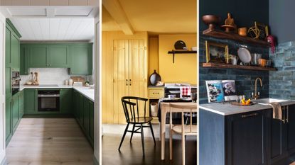 compilation image showing three kitchens including sage green, yellow and navy blue to share expert advice on small kitchen color ideas